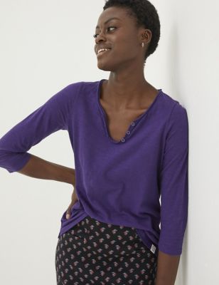 Fatface Womens Organic Cotton Button Detail T-Shirt - 6 - Purple, Purple