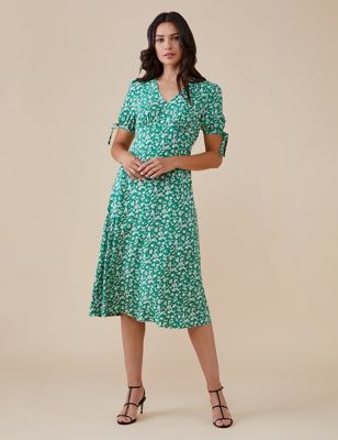M&S Finery London Womens Floral V-Neck Tie Sleeve Midi Tea Dress