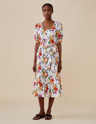 M&S Finery London Womens Cotton Rich Floral Round Neck Midi Waisted Dress