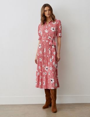 Finery London Womens Floral Collared Midi Tiered Dress - 8 - Red Mix, Red Mix