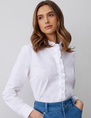 Finery London Women's Pure Cotton High Neck Ruffle Shirt - 16 - White, White