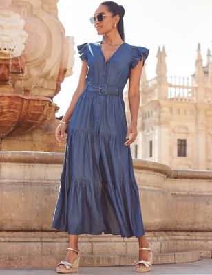 Sosandar Womens Cotton Rich V-Neck Maxi Tiered Dress - 10 - Indigo, Indigo