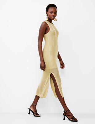 French Connection Womens Metallic Knitted Midaxi Bodycon Dress - Gold, Gold