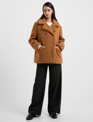 French Connection Womens Borg Double Breasted Pea Coat - M - Brown, Brown