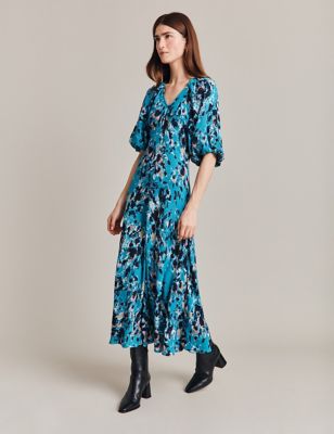 Ghost Womens Floral V-Neck Midaxi Tea Dress - Blue Mix, Blue Mix