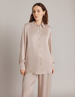Ghost Womens Satin Collared Shirt - M - Blue, Blue,Brown,Beige,Green,Ivory