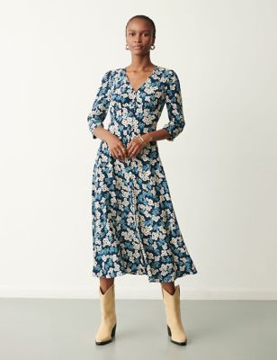 Finery London Womens Floral V-Neck Button Through Midi Tea Dress - 10 - Blue Mix, Blue Mix