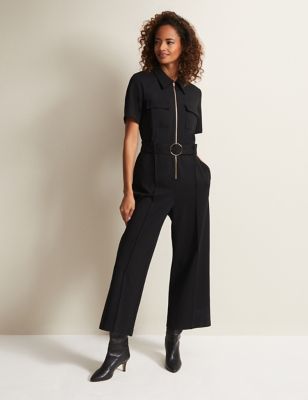 Phase Eight Womens Belted Short Sleeve Cropped Jumpsuit - 14 - Black, Black
