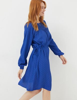 Fatface Womens Textured Knee Length Waisted Dress - 12REG - Blue, Blue