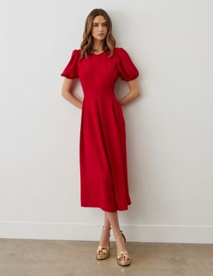 Finery London Women's Stain Crepe Puff Sleeve Midi Tea Dress - 20REG - Red, Red,Green