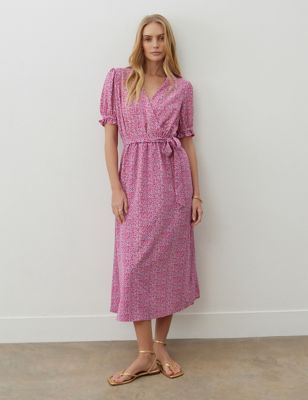 Finery London Womens Floral V-Neck Tie Waist Midi Wrap Dress - 10REG - Pink Mix, Pink Mix
