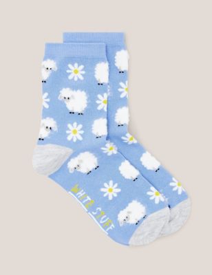 White Stuff Womens Cotton Rich Fluffy Sheep Ankle High Socks - 3-5 - Blue Mix, Blue Mix