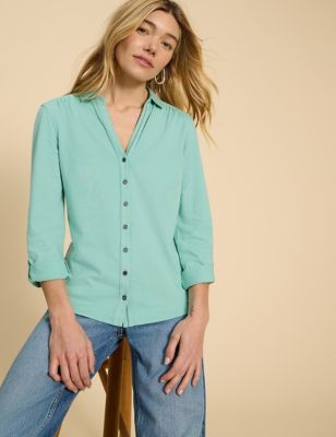White Stuff Womens Pure Cotton Jersey Collared Shirt - 16 - Teal, Teal