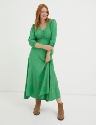 Fatface Womens Textured V-Neck Midaxi Skater Dress - 16SHT - Green, Green