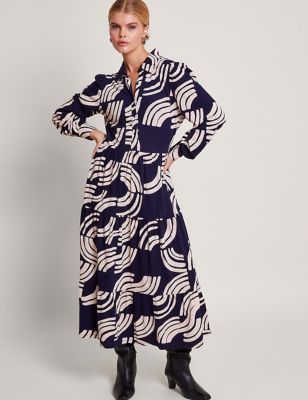 Monsoon Womens Cotton Rich Printed Tiered Maxi Dress - L - Navy Mix, Navy Mix