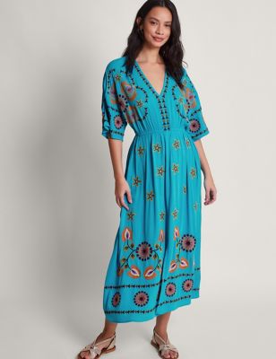 Monsoon Womens Embroidered V-Neck Maxi Waisted Dress - L - Blue Mix, Blue Mix
