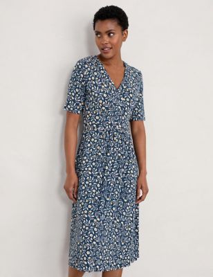 Seasalt Cornwall Womens Cotton Blend Floral V-Neck Midi Tea Dress - 24 - Blue Mix, Blue Mix