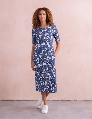 Celtic & Co. Womens Linen Blend Floral Midi Shift Dress - 10 - Blue Mix, Blue Mix