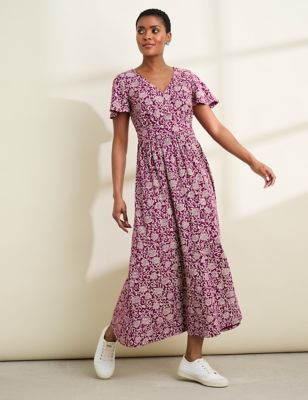 Seasalt Cornwall Women's Pure Cotton Floral V-Neck Midaxi Dress - 10 - Purple Mix, Purple Mix