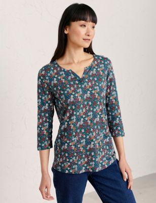 M&S Seasalt Cornwall Womens Pure Cotton Floral Notch Neck Top
