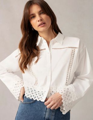 Ro&Zo Women's Pure Cotton Embroidered Collared Shirt - 18 - Ivory, Ivory