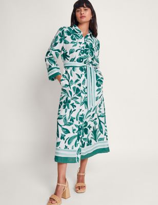 Monsoon Womens Linen Blend Floral Tie Waist Midi Shirt Dress - 24 - Green Mix, Green Mix