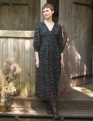 Seasalt Cornwall Womens Cotton Rich Floral V-Neck Midi Waisted Dress - 16 - Black Mix, Black Mix