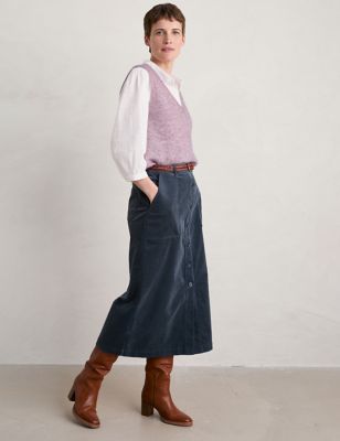 Seasalt Cornwall Womens Cord Button Front Midi A Line Skirt - 10 - Navy, Navy