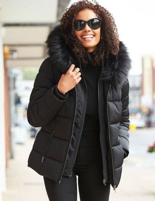 Sosandar Womens Padded Hooded Faux Fur Trim Puffer Jacket - 12 - Black, Black