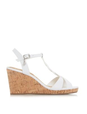 Dune London Womens Leather T Bar Wedge Sandals - 8 - White, White