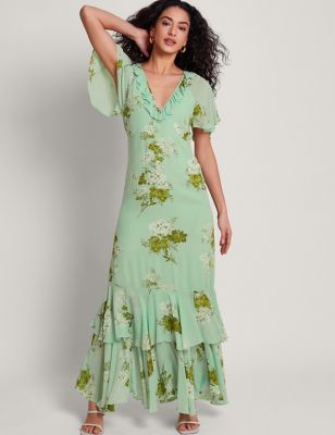Monsoon Womens Floral V-Neck Ruffle Tiered Maxi Dress - 18 - Green, Green