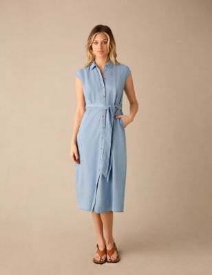 Ro&Zo Womens Pure Lyocell Tie Waist Midi Shirt Dress - 18REG - Blue Denim, Blue Denim
