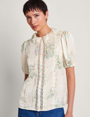 Monsoon Women's Satin Floral Collared Button Through Blouse - Ivory Mix, Ivory Mix