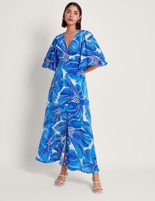 Monsoon Womens Floral Button Front Maxi Tea Dress - 18 - Blue Mix, Blue Mix