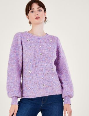 Monsoon Womens Embellished Crew Neck Jumper with Wool - Lilac, Lilac
