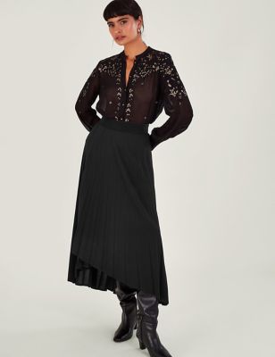 Monsoon Womens Pleated Side Split Midaxi Skirt - Black, Black