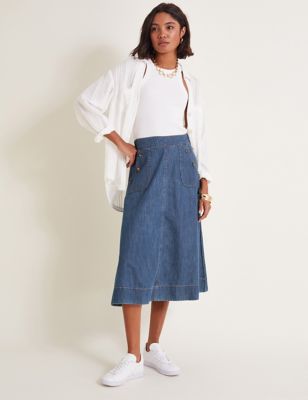 Monsoon Womens Pure Cotton Denim Midi A-Line Skirt - XL - Indigo, Indigo,Blue Denim