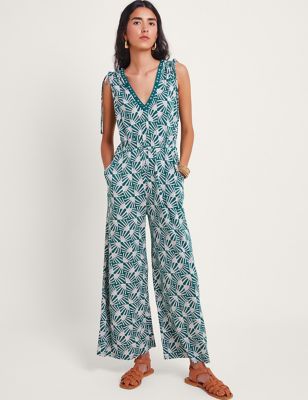 Monsoon Womens Jersey Printed Wide Leg Jumpsuit - Teal Mix, Teal Mix