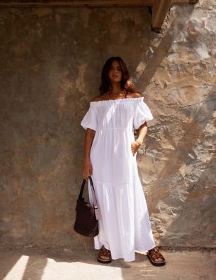 Ro&Zo Women's Pure Cotton Bardot Maxi Tiered Dress - 10REG - White, White