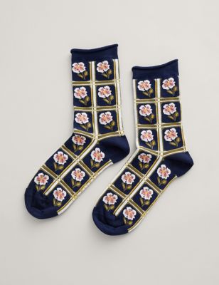 Seasalt Cornwall Women's Floral Ankle High Socks - Navy Mix, Navy Mix