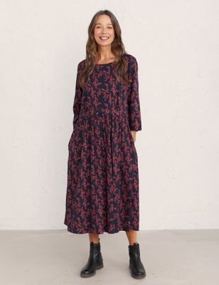 M&S Seasalt Cornwall Womens Cotton Rich Leaf Print Midi Waisted Dress