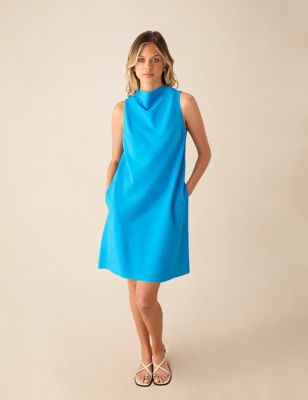 Ro&Zo Womens Cowl Neck Mini Shift Dress with Linen - 16 - Mid Blue, Mid Blue,Black