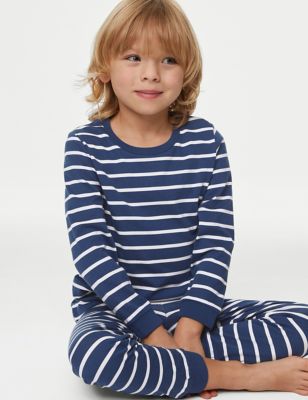 M&S Boys Pure Cotton Striped Pyjamas (1-8 Yrs) - 3-4 Y - Navy, Navy