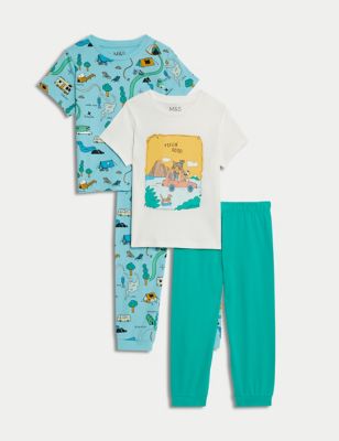 M&S Boys 2pk Pure Cotton Camping Print Pyjamas (1-8 Yrs) - 5-6 Y - Turquoise, Turquoise