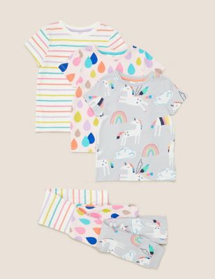 M&S Girls 3pk Pure Cotton Unicorn Pyjama Sets (1-7 Yrs)