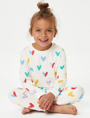 M&S Girls Pure Cotton Heart Print Pyjamas (1-8 Yrs) - 3-4 Y - Ivory, Ivory