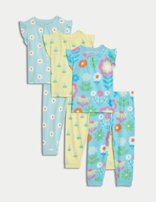 M&S Girls 3pk Pure Cotton Floral Pyjama Sets (1-8 Yrs) - 5-6 Y - Blue Mix, Blue Mix