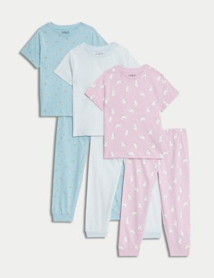 M&S Girls 3pk Pure Cotton Patterned Pyjama Sets (1-8 Yrs) - 1-2Y - Pink Mix, Pink Mix