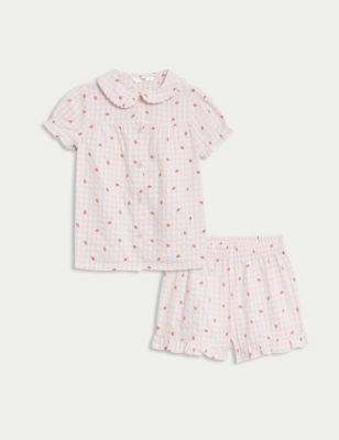 M&S Girls Pure Cotton Strawberry Checked Pyjamas (1-8 Yrs) - 1-2Y - Pink Mix, Pink Mix