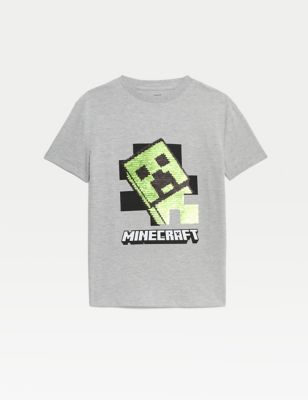 M&S Cotton Rich Minecraft Sequin T-shirt (6-16 Yrs) - 8-9 Y - Grey Marl, Grey Marl